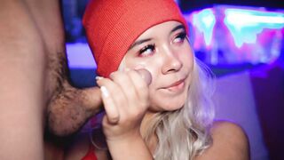Blonde with angelic face blows her uncle's rough penis inside outdoors cam performance
