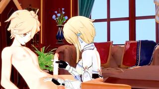 Genshin Impact Cartoon - Aether and Lumine Hand Job and Banged! with jizzed inside her twat - Japanese Tape Game Porn Animation 3D