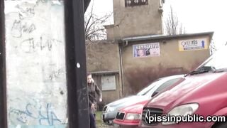 Czech girls got caught pulling their leggings and pee at a bus stop