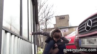 Czech girls got caught pulling their leggings and pee at a bus stop