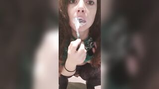 Petite Babe Gets Bored While Brushing Her Teeth And Wants To Squirt.