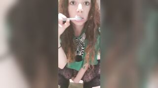 Petite Babe Gets Bored While Brushing Her Teeth And Wants To Squirt.