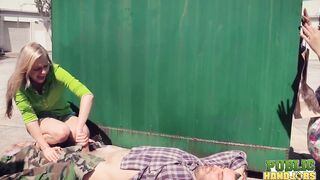Publichandjobs - Raquel And Jessie Gives Hand Job To Lucky Bro Behind Dumpster