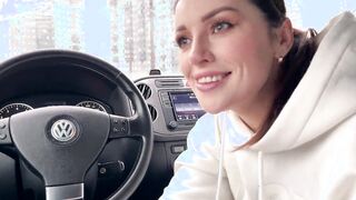 Cum into her mouth inside the parking lot