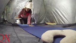 Sex inside camp. A stranger fucks a nudist lady inside her twat inside a camping into