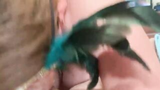 MsKinky slides on her mask to suck on a long penis.