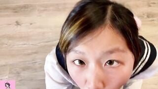 eastern barely legal with Japanese school girl uniform being screwed from behind while watching hentai