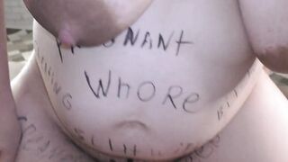 Pregnant BBW cheating milf Milky Mari covered into kinky body writings female domination her cuckold husband until