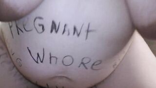 Pregnant BBW cheating milf Milky Mari covered into kinky body writings female domination her cuckold husband until