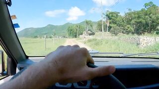 OUTDOORS CUMMED and FEMALE ORGASMS !!! INSANE Squirting while driving - Double Cumshot to CUTIE HITCHHIKER - Real Amateur sluts