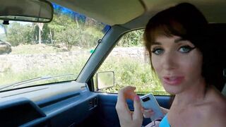 OUTDOORS CUMMED and FEMALE ORGASMS !!! INSANE Squirting while driving - Double Cumshot to CUTIE HITCHHIKER - Real Amateur sluts