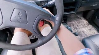 OUTDOORS CUMMED and FEMALE ORGASMS !!! INSANE Squirting while driving - Double Cumshot to CUTIE HITCHHIKER - Real Amateur sluts