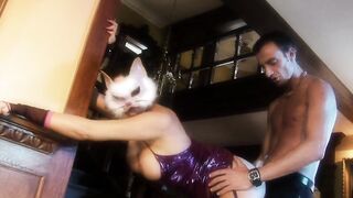 Filthy stud fucks a Bae Bae into a cat mask and tights