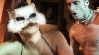 Filthy stud fucks a Bae Bae into a cat mask and tights