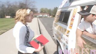 Blonde 18 with tiny jugs is fuck into a van