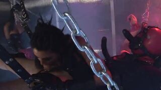 Erotic brunettes with big hooters take advantage of man restrained inside a dungeon