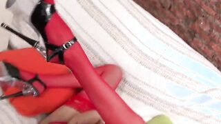 Short haired dark haired masturbates alone with huge vibrators two