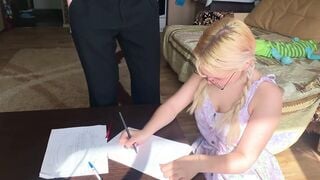 A shy college girl could not resist the tutor and took his penis inside her mouth