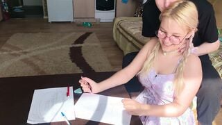 A shy college girl could not resist the tutor and took his penis inside her mouth