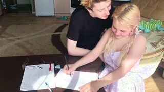 A shy college girl could not resist the tutor and took his penis inside her mouth