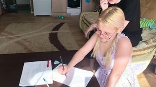 A shy college girl could not resist the tutor and took his penis inside her mouth