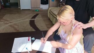 A shy college girl could not resist the tutor and took his penis inside her mouth
