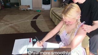 A shy college girl could not resist the tutor and took his penis inside her mouth