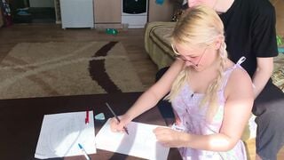 A shy college girl could not resist the tutor and took his penis inside her mouth
