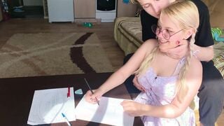 A shy college girl could not resist the tutor and took his penis inside her mouth