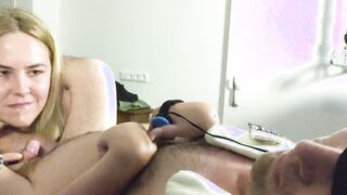 Cripple gets a bj from a sneaky blonde while blindfolded
