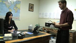Dark Haired milf with big boobs riding young stud inside her office