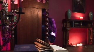 Bro with gloves pounds geeky dark haired into pantyhose on his desk