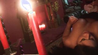 Bro with gloves pounds geeky dark haired into pantyhose on his desk