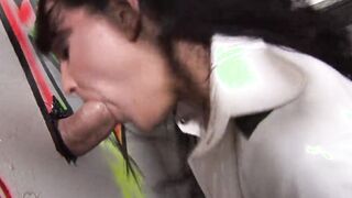 Turned On dark haired slaps her fine booty at the glory hole for a thrilling doggy style nailing