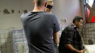 Ripped blonde whore gets all her holes inspected three-way