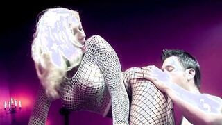 Dirty stud rips blonde's fishnet pantyhose so he can lick her