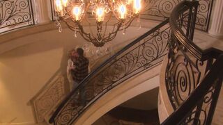 Huge haired blonde submits to a fierce nailing on the stairs