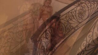 Huge haired blonde submits to a fierce nailing on the stairs