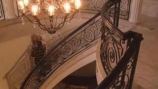 Huge haired blonde submits to a fierce nailing on the stairs