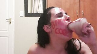 Skank full of degrading lipstick writing on her face humiliating herself as she talks filthy to