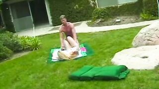 Hottie is screwed on a towel public before giving beautiful fellatio