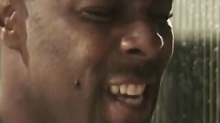 Buff ebony stud sticks his penis down slender black babes throat and up her snatch