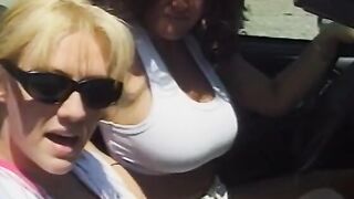 Cutie girls Enjoying as they tease each others clits inside a chopper