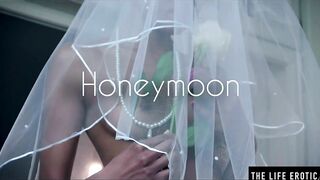 Turned On ebony bride masturbates to an orgasm on her wedding night