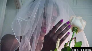 Turned On ebony bride masturbates to an orgasm on her wedding night