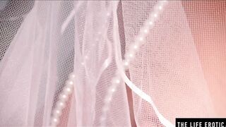 Turned On ebony bride masturbates to an orgasm on her wedding night