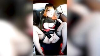 Big Tit British milf Red XXX masturbating inside the backseat of a vehicle