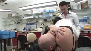The prosthetic bj punishes his 2 employees by them to boned him.