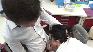 The prosthetic bj punishes his 2 employees by them to boned him.