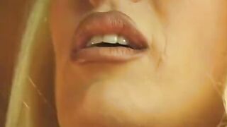 Big Boobed blonde lays on a desk and gets her cunt licked by babe blonde